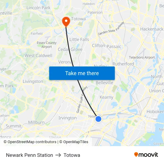 Newark Penn Station to Totowa map