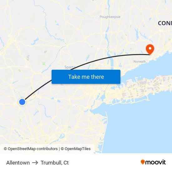 Allentown to Trumbull, Ct map