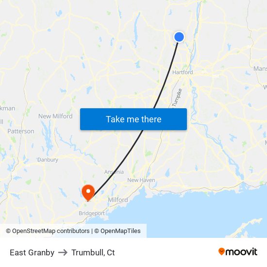 East Granby to Trumbull, Ct map
