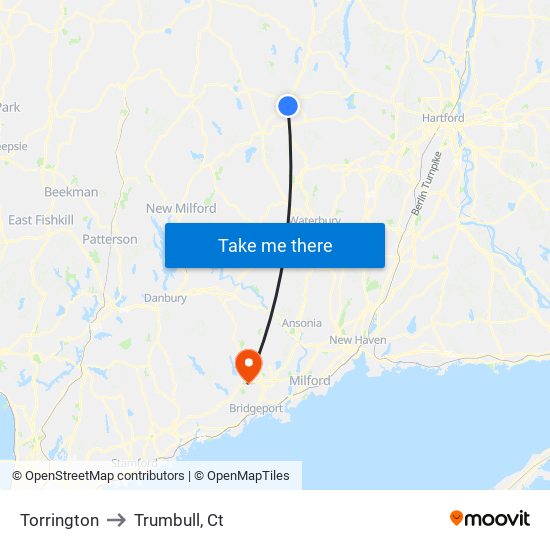 Torrington to Trumbull, Ct map