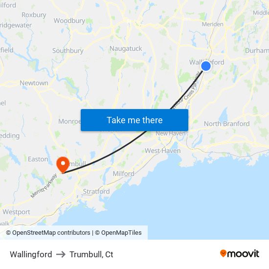 Wallingford to Trumbull, Ct map