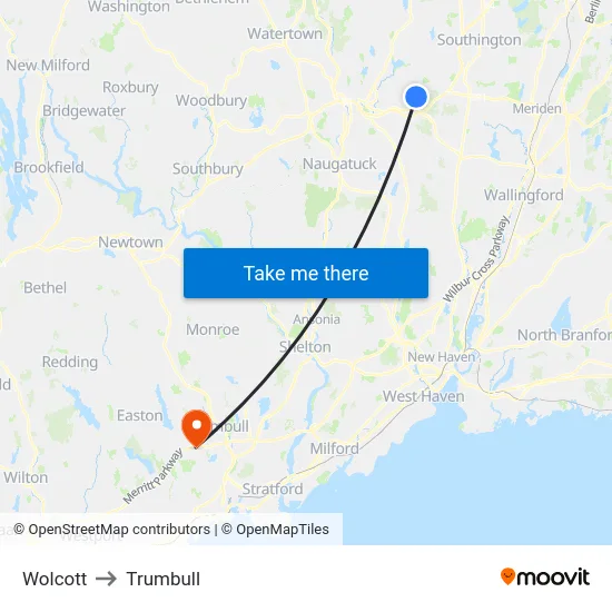 Wolcott to Trumbull map