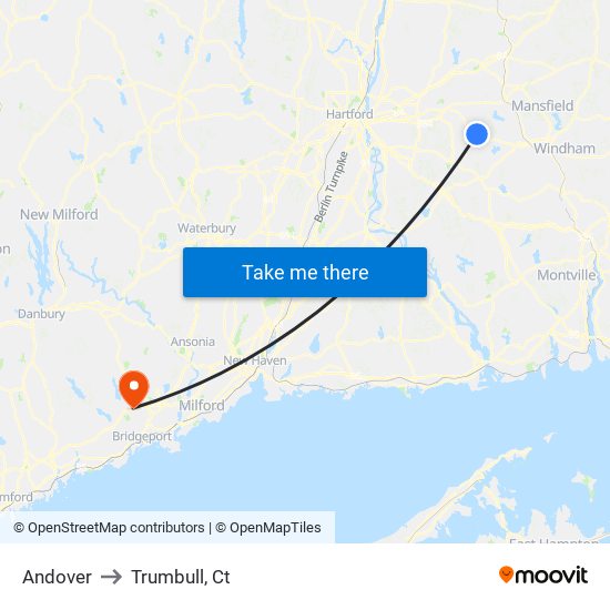 Andover to Trumbull, Ct map