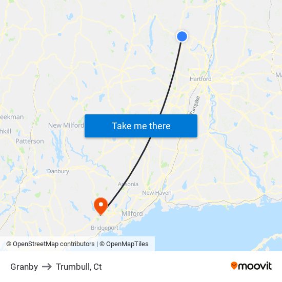 Granby to Trumbull, Ct map