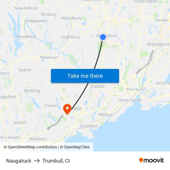 Naugatuck to Trumbull, Ct map