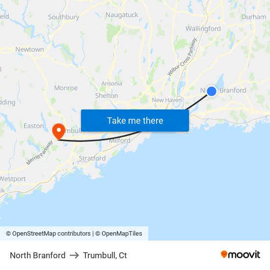 North Branford to Trumbull, Ct map