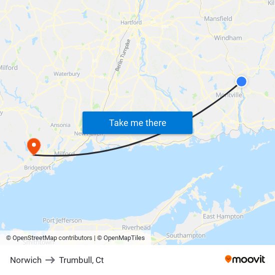 Norwich to Trumbull, Ct map