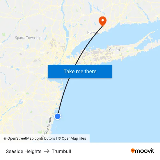Seaside Heights to Trumbull map
