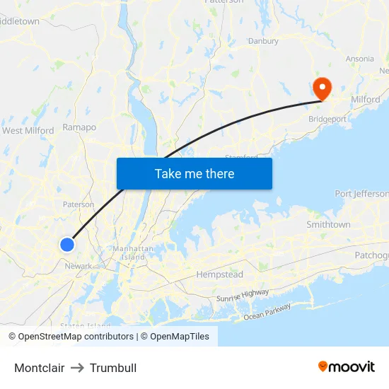 Montclair to Trumbull map
