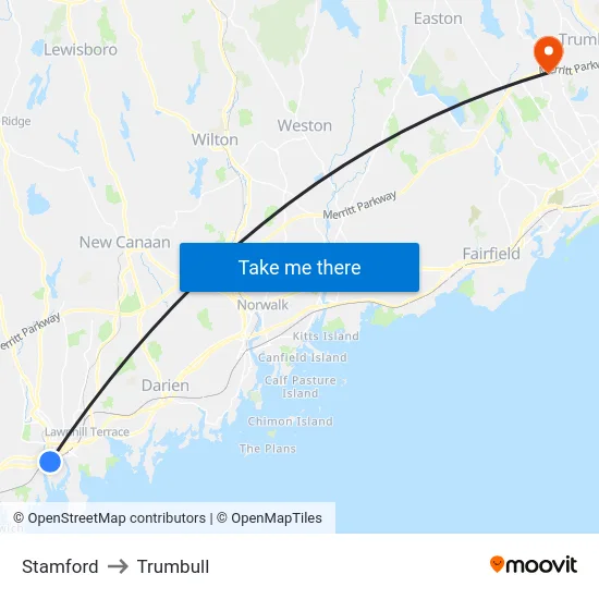 Stamford to Trumbull map