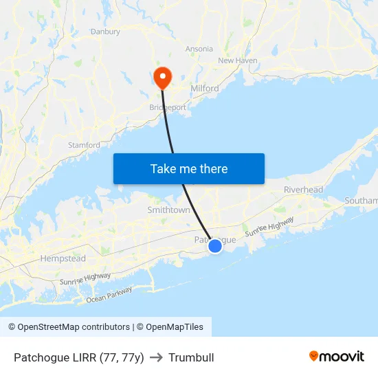 Patchogue LIRR (77, 77y) to Trumbull map