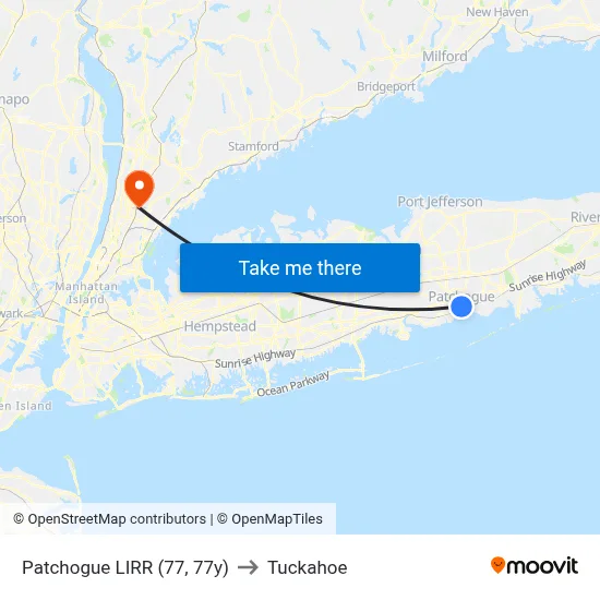 Patchogue LIRR (77, 77y) to Tuckahoe map