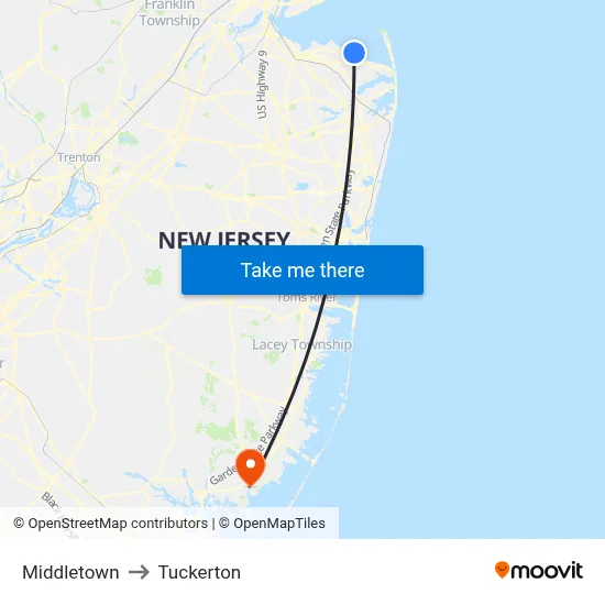 Middletown to Tuckerton map
