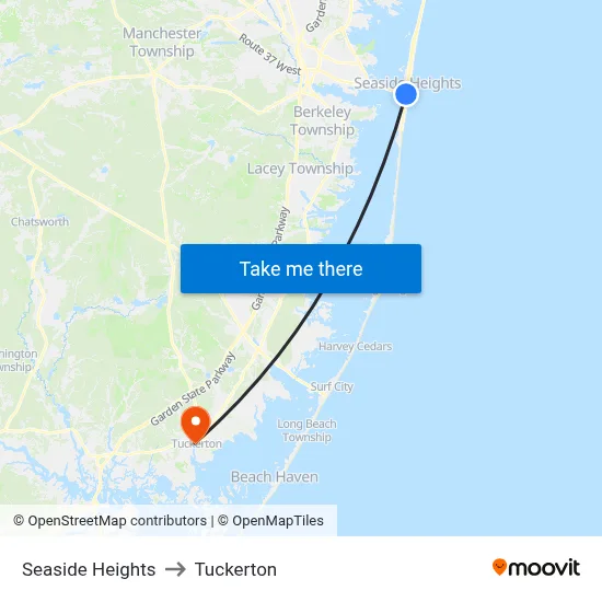 Seaside Heights to Tuckerton map