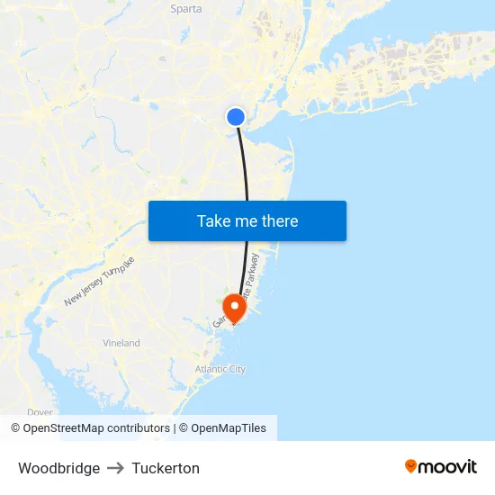 Woodbridge to Tuckerton map