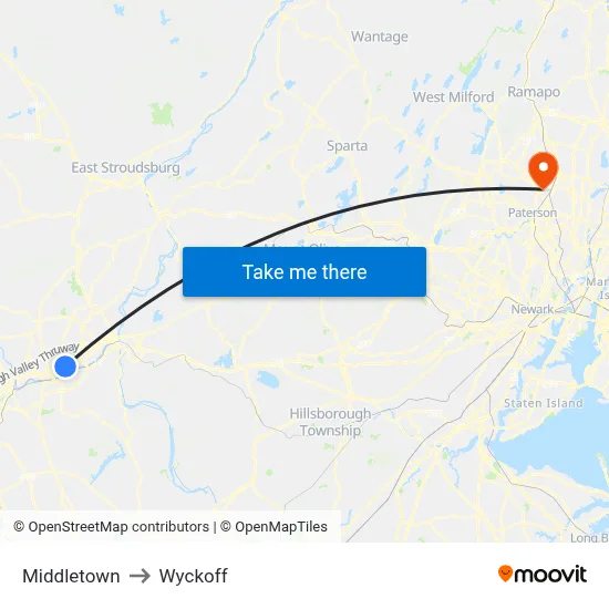 Middletown to Wyckoff map