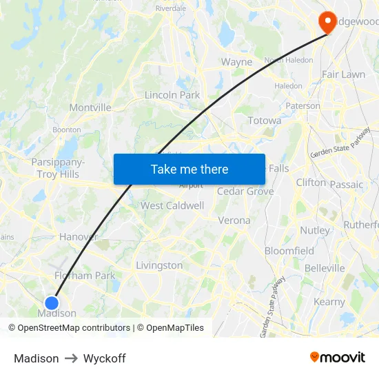 Madison to Wyckoff map