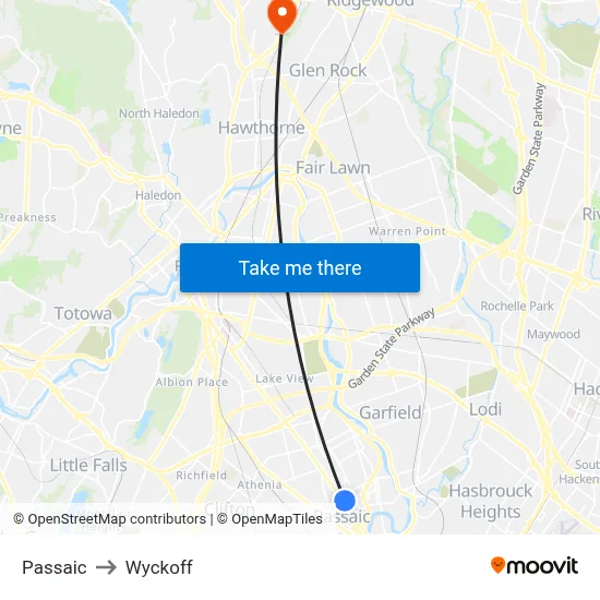 Passaic to Wyckoff map