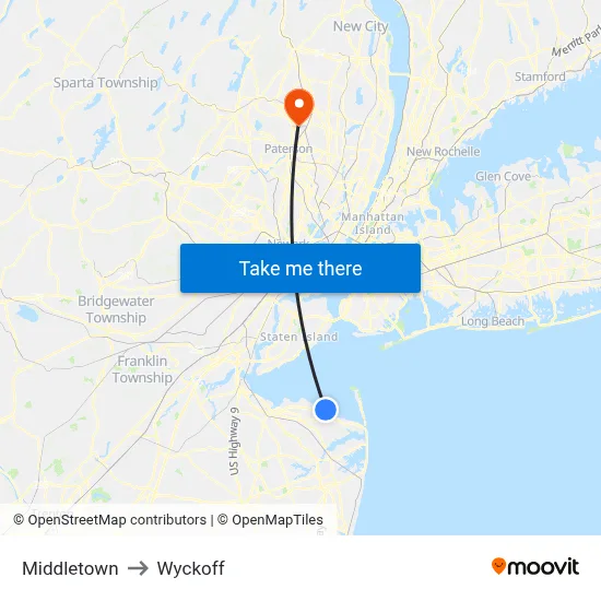 Middletown to Wyckoff map