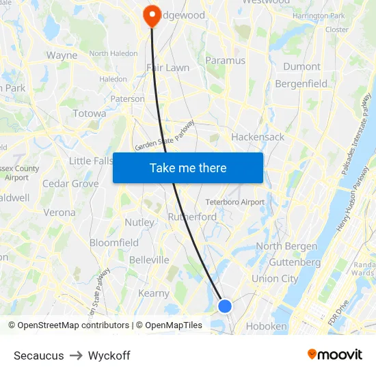 Secaucus to Wyckoff map