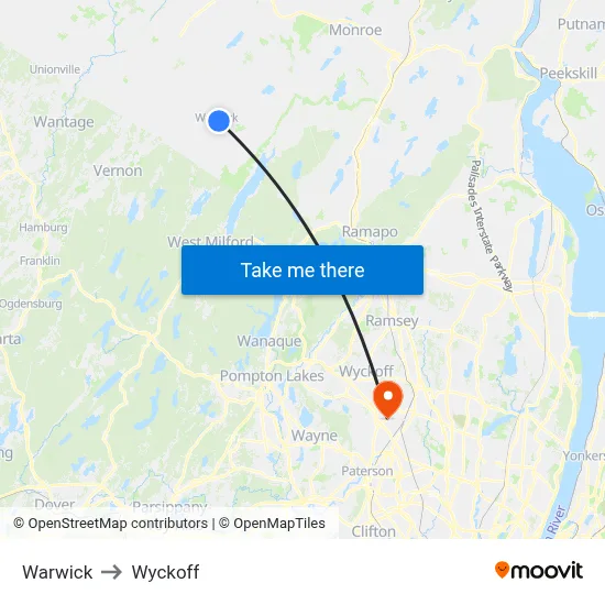 Warwick to Wyckoff map
