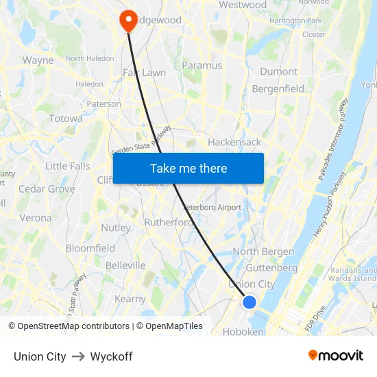 Union City to Wyckoff map