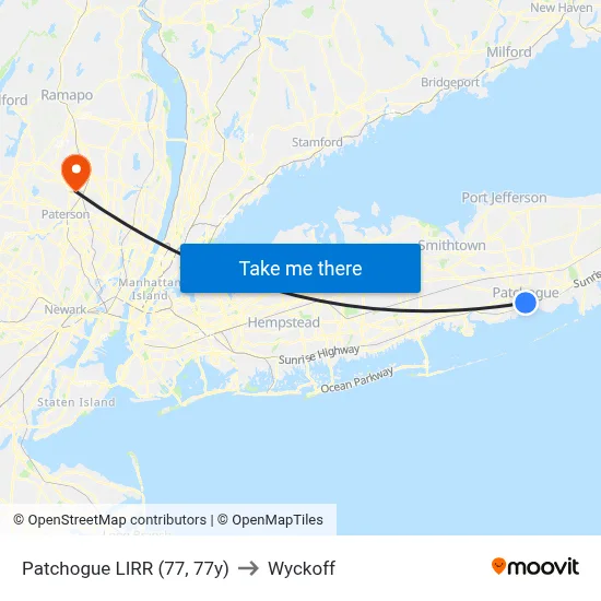 Patchogue LIRR (77, 77y) to Wyckoff map