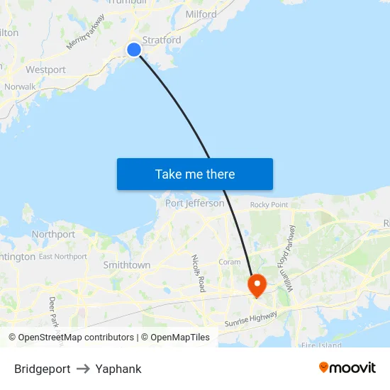 Bridgeport to Yaphank map