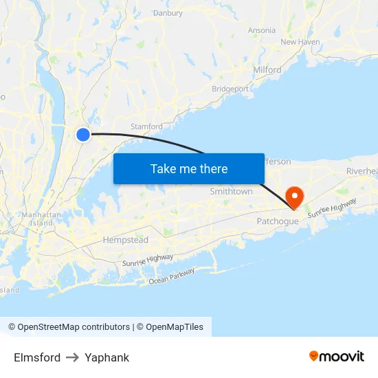 Elmsford to Yaphank map
