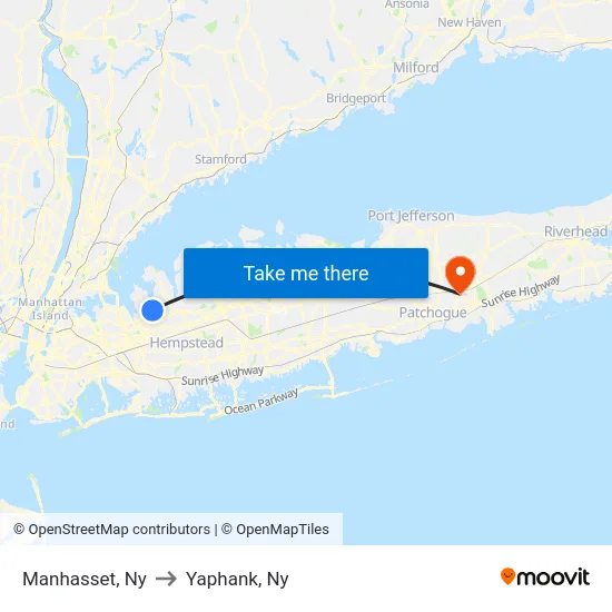 Manhasset to Yaphank, Ny map