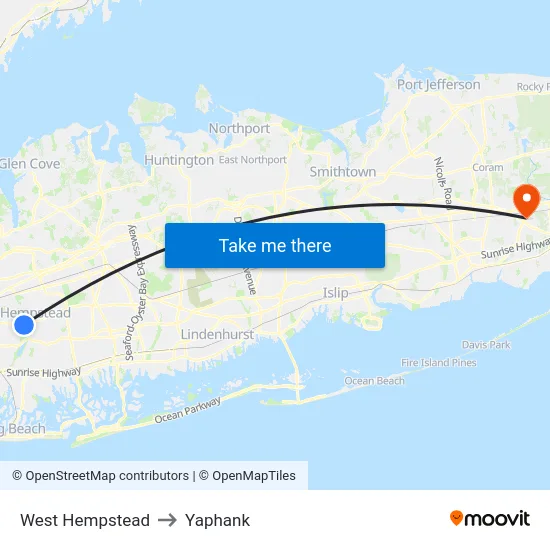 West Hempstead to Yaphank map