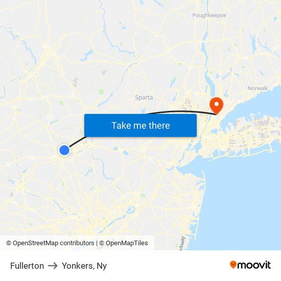 Fullerton to Yonkers, Ny map