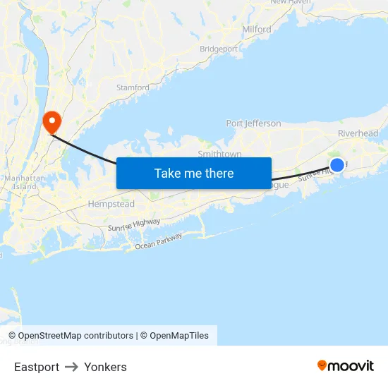 Eastport to Yonkers map