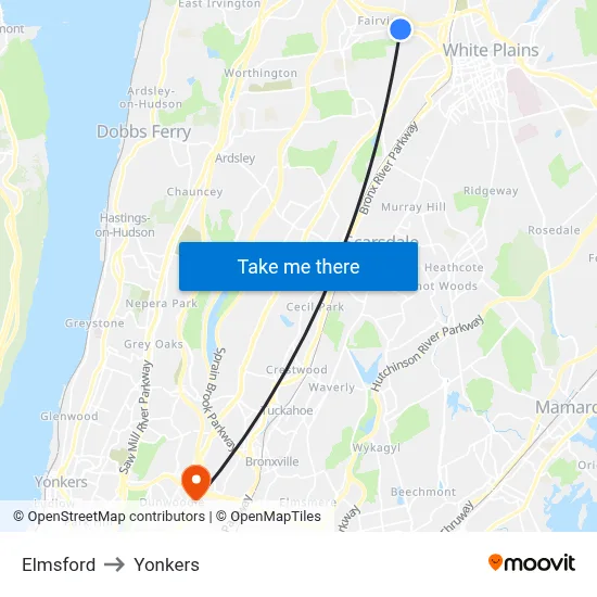 Elmsford to Yonkers map