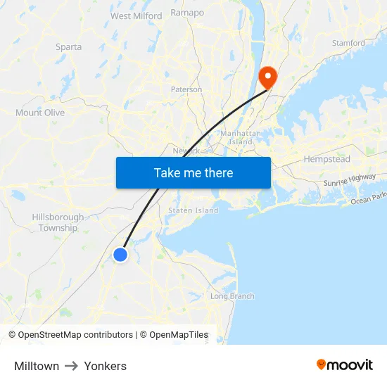 Milltown to Yonkers map