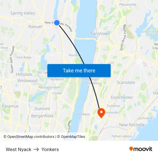 West Nyack to Yonkers map