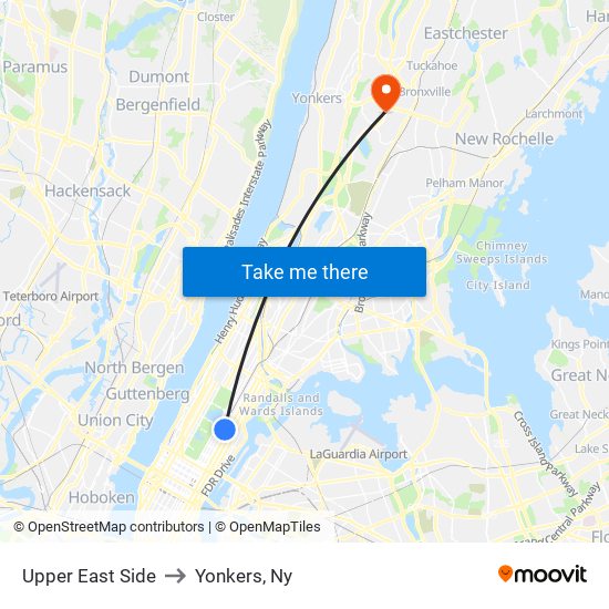 Upper East Side to Yonkers, Ny map