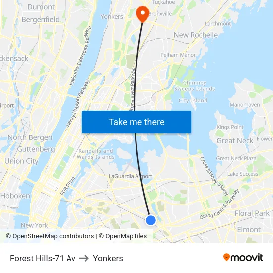 Forest Hills-71 Av to Yonkers map