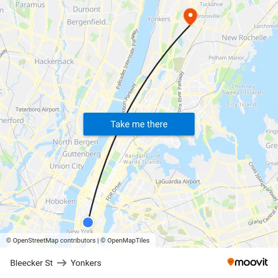 Bleecker St to Yonkers map