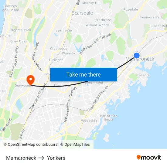 Mamaroneck to Yonkers map