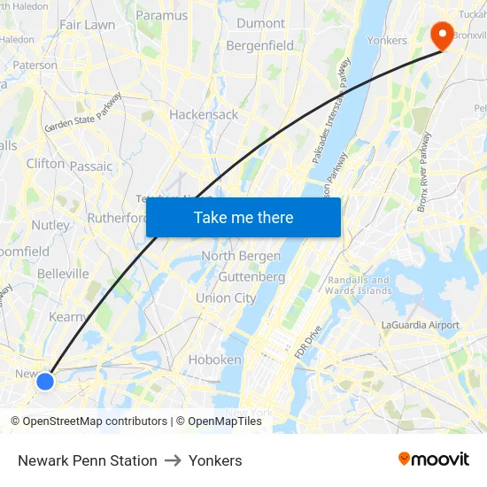 Newark Penn Station to Yonkers map