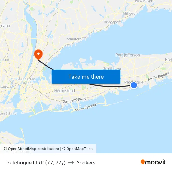 Patchogue LIRR (77, 77y) to Yonkers map