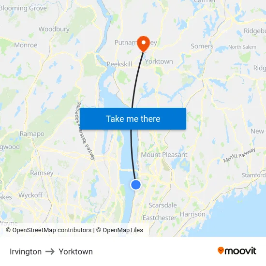 Irvington to Yorktown map
