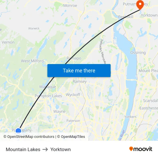 Mountain Lakes to Yorktown map