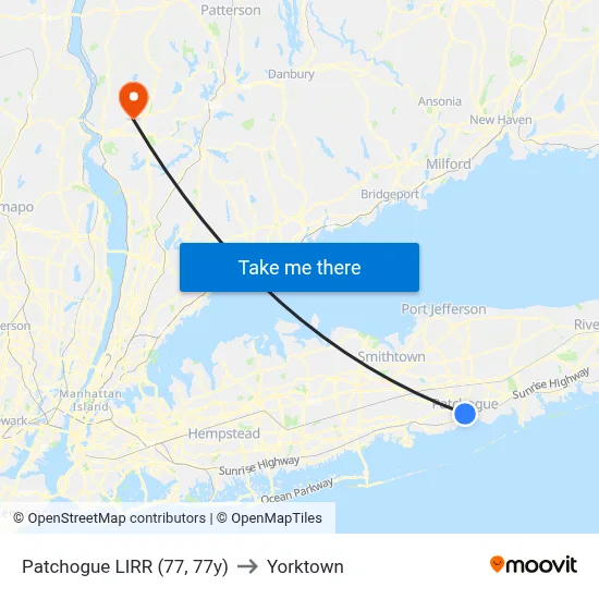 Patchogue LIRR (77, 77y) to Yorktown map