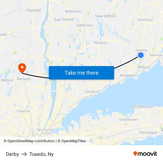 Derby to Tuxedo, Ny map