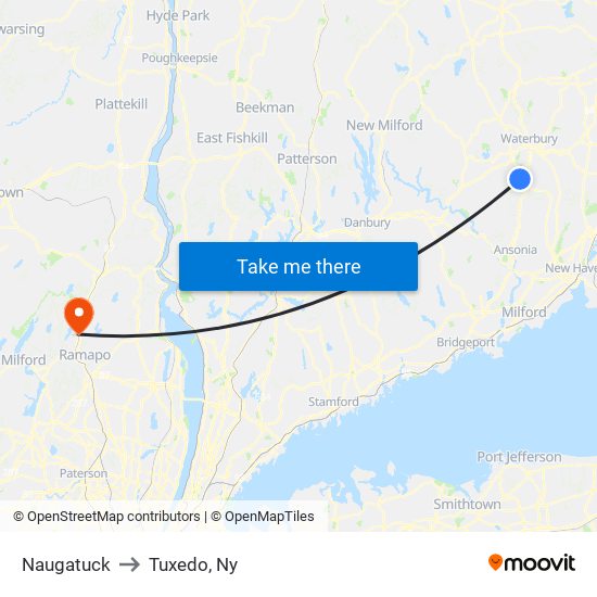 Naugatuck to Tuxedo, Ny map