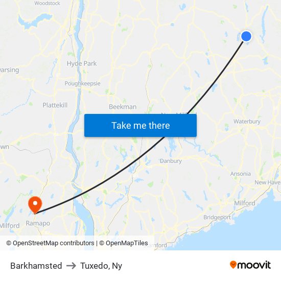 Barkhamsted to Tuxedo, Ny map