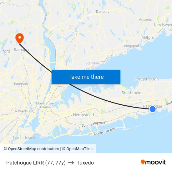 Patchogue LIRR (77, 77y) to Tuxedo map