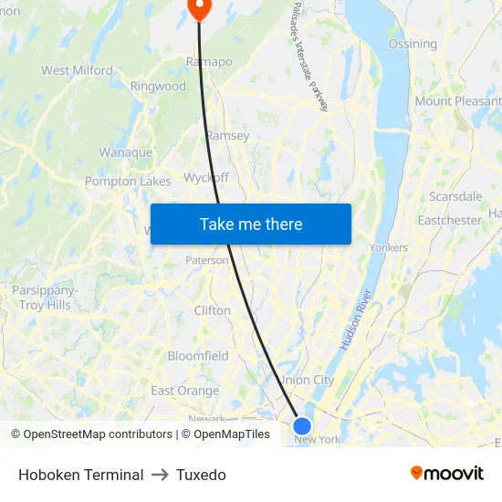 Hoboken Terminal to Tuxedo map